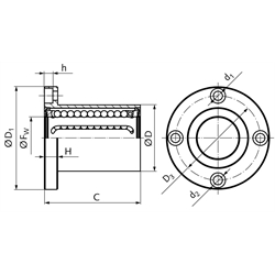 Linearkugellager KB-ST-F mit rundem Flansch beidseitig abgedichtet für Wellen-Ø 6mm kurze Ausführung, Technische Zeichnung