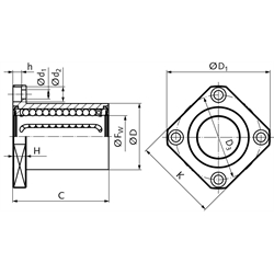 Linearkugellager KB-ST-V mit viereckigem Flansch beidseitig abgedichtet für Wellen-Ø 20mm kurze Ausführung, Technische Zeichnung