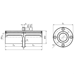 Tandem-Linearkugellager KBT-ST-FM mit mittigem rundem Flansch beidseitig abgedichtet für Wellen-Ø 50mm, Technische Zeichnung