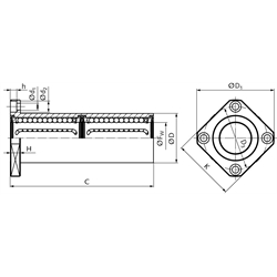 Tandem Linearkugellager KBT-ST-VL mit viereckigem Flansch beidseitig abgedichtet für Wellen-Ø 50mm lange Ausführung, Technische Zeichnung