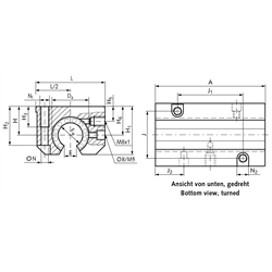 Tandem-Linearlagereinheit KGT-3-O ISO-Reihe 3 Easy-Line mit Linear-Kugellagern mit Winkelausgleich mit beids. Dichtung für Wellen-Ø 30mm offene Ausführung, Technische Zeichnung