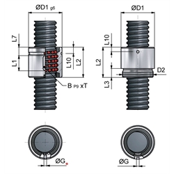 Zylindrische Mutter Kugelgewinde 10x2mm Höhe 25mm Durchmesser 19,5mm, Technische Zeichnung