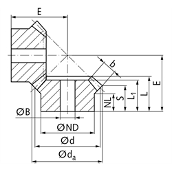 Kegelrad aus 1.4305 Modul 3 16 Zähne Übersetzung 3:1, Technische Zeichnung