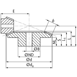 Kegelrad aus Stahl Modul 2 45 Zähne Übersetzung 2,5:1 gefräst , Technische Zeichnung