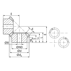 Kegelradsatz spiralverzahnt Modul 2,5 Zähnezahl 19/19 i=1:1 Material 16MnCr5 Verzahnungsbereich gehärtet Bohrung 20mm, Technische Zeichnung