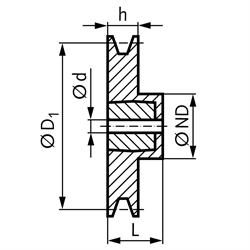 Keilriemenscheibe aus Aluminium Profil XPA, SPA und A (13) 1-rillig Nenndurchmesser 140mm, Technische Zeichnung