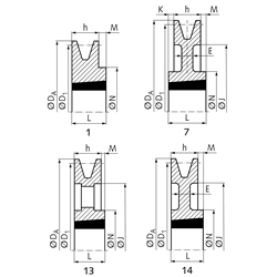 Keilriemenscheiben für Taper-Spannbuchsen, Profil A, SPA und XPA (13), 1-rillig, Technische Zeichnung