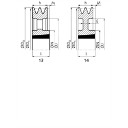 Keilriemenscheiben für Taper-Spannbuchsen, Profil A, SPA und XPA (13), 2-rillig, Technische Zeichnung