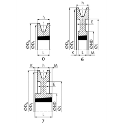Keilriemenscheiben für Taper-Spannbuchsen, Profil B, SPB und XPB (17), 1-rillig, Technische Zeichnung