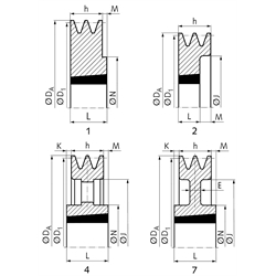 Keilriemenscheiben für Taper-Spannbuchsen, Profil B, SPB und XPB (17), 2-rillig, Technische Zeichnung