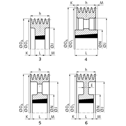 Keilriemenscheiben für Taper-Spannbuchsen, Profil B, SPB und XPB (17), 5-rillig, Technische Zeichnung