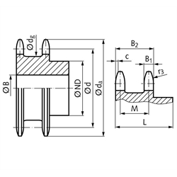 Doppel-Kettenrad ZRENG für 2 Einfach-Rollenketten 12 B-1 3/4x7/16" 21 Zähne Material Stahl Zähne gehärtet, Technische Zeichnung