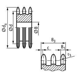 Dreifach-Kettenradscheibe DRL ohne Nabe 12 B-3 3/4x7/16" 76 Zähne Mat. Stahl , Technische Zeichnung