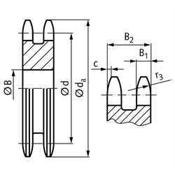 Zweifach-Kettenradscheibe ZRL ohne Nabe 05 B-2 Tlg. 8mm 16 Zähne Mat. Stahl , Technische Zeichnung