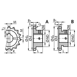 Kettenrad KRF mit einseitiger Nabe 10 B-1 19 Zähne Bohrung 38H7 Passfedernut DIN 6885/1 2 Stellschraubengewinde Material Stahl Zähne induktiv gehärtet, Technische Zeichnung