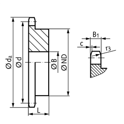 Kettenrad KRG mit einseitiger Nabe 10 B-1 5/8x3/8" 11 Zähne Material Stahl Zähne induktiv gehärtet, Technische Zeichnung