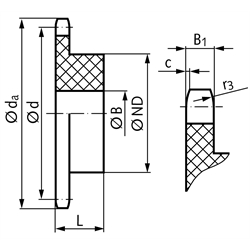 Kettenrad KRK mit einseitiger Nabe 06B-1 3/8x7/32" 15 Zähne Mat. Polyacetal , Technische Zeichnung