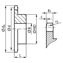 Kettenräder KRR Edelstahl, mit einseitiger Nabe, 10 B-1, Teilung 5/8 x 3/8", Technische Zeichnung