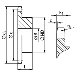 Kettenrad KRS mit einseitiger Nabe 08 B-1 1/2x5/16" 35 Zähne Mat. Stahl , Technische Zeichnung