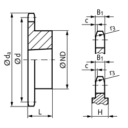 Kettenräder KRT 24 B-1, Teilung 1 1/2'' x 1'', Technische Zeichnung