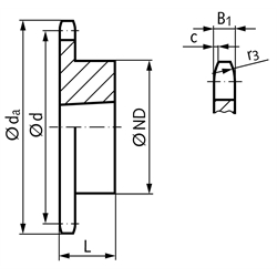 Kettenrad KRTG 10 B-1 5/8x3/8" 13 Zähne Material Stahl Verzahnung gehärtet für Taper-Spannbuchse Typ 1008 , Technische Zeichnung