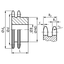 Zweifach-Kettenrad ZRS mit einseitiger Nabe 08 B-2 1/2x5/16" 23 Zähne Mat. Stahl , Technische Zeichnung