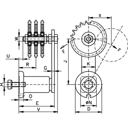 Kettenspanner für Dreifach-Rollenkette 10 B-3 5/8X3/8" bestehend aus 14053601 + 14080300, Technische Zeichnung