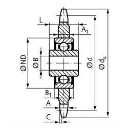 Kettenspannrad KSP 05 B-1 Teilung 8mm 23 Zähne mit Kugellager , Technische Zeichnung