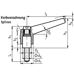 Verstellbarer Klemmhebel 120 Ausführung G mit Außengewinde M8 x 20mm lang Grifflänge L2 = 62mm , Technische Zeichnung