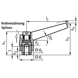 Verstellbarer Klemmhebel 120 Ausführung N Innengewinde M16 Länge l2=108mm , Technische Zeichnung