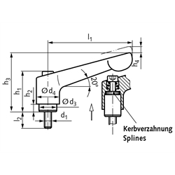 Verstellbarer Klemmhebel 300.5 Ausführung IS-G mit Außengewinde M6 x 16mm lang Grifflänge L1=45mm Material Edelstahl , Technische Zeichnung