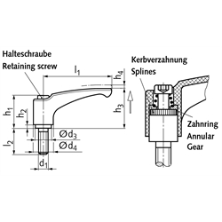 Verstellbarer Klemmhebel 355 Ausführung G mit Außengewinde M12 x 50mm lang Grifflänge L1=95mm Material Polyamid schwarz-grau , Technische Zeichnung