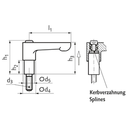 Verstellbarer Klemmhebel K Hebellänge 45 mm Schaftlänge 19 mm Außengewinde M6 x 16mm, Technische Zeichnung