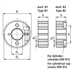 Geschlitzter Klemmring aus Stahl C45 brüniert Bohrung 32mm mit Schraube DIN 912 12.9 Ausf. B2, Technische Zeichnung