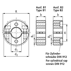 Geteilter Klemmring aus Edelstahl 1.4305 Bohrung 28mm mit Schrauben DIN 912 A2-70 Ausf. B1, Technische Zeichnung