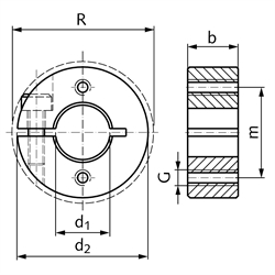 Geschlitzter Klemmring aus Edelstahl 1.4305 Bohrung 45mm mit Schraube DIN 912 A2-70 Ausf. GA, Technische Zeichnung