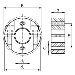 Geteilter Klemmring aus Edelstahl 1.4305 Bohrung 28mm mit Schrauben DIN 912 A2-70 Ausf. GA, Technische Zeichnung