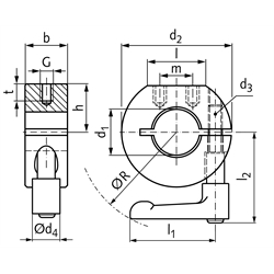 Geschlitzter Klemmring Edelstahl 1.4305 Bohrung 15mm mit verstellbarem Klemmhebel M5 x 14 Länge 30mm Ausf. GRK, Technische Zeichnung