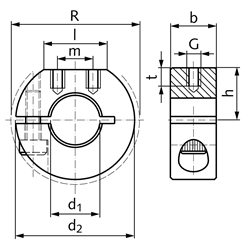 Geschlitzter Klemmring aus Stahl C45 brüniert Bohrung 38mm mit Schraube DIN 912 12.9 Ausf. GR, Technische Zeichnung