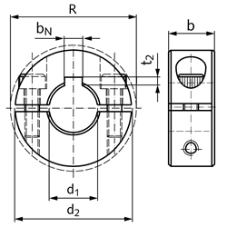 Geteilter Klemmring aus Edelstahl 1.4305 Bohrung 30mm mit Schrauben DIN 912 A2-70 Ausf. N, Technische Zeichnung