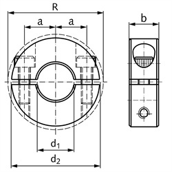 Geteilter Klemmring aus 1.4305 Bohrung 40mm mit Schrauben DIN 912 A2-70 Ausf. S, Technische Zeichnung