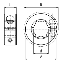 Klemmring geschlitzt Aluminium mit Keilwellenprofil DIN ISO 14 KN 23x28, Technische Zeichnung