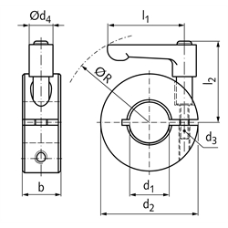 Geschlitzter Klemmring Stahl C45 verzinkt Bohrung 28mm mit verstellbarem Klemmhebel M6 x 16 Länge 45mm, Technische Zeichnung