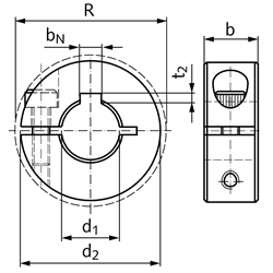 Geschlitzter Klemmring aus Edelstahl 1.4305 Bohrung 8mm mit Schraube DIN 912 A2-70 Ausf. N, Technische Zeichnung