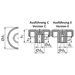 Kordelgriff aus Thermoplast Ausf. E Durchmesser 40mm Innengewinde M6 , Technische Zeichnung