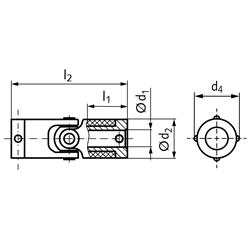 Kreuzgelenk UKM beidseitig Bohrung 4mm Enden mit Metallkappe , Technische Zeichnung