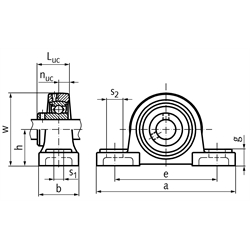 Kugelstehlager SSUCP 206 Bohrung 30mm Gehäuse und Lager aus Edelstahl , Technische Zeichnung