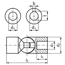 Kugelgelenk RW beidseitig Bohrung 10H7 mit Nut DIN 6885-1 Außendurchmesser 20mm Stahl, Technische Zeichnung