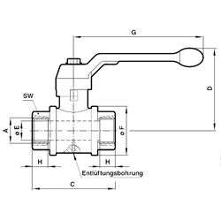 Kugelhahn aus Messing voller Durchfluss mit Entlüftung Gewinde G3/8 , Technische Zeichnung