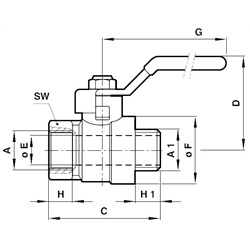 Kugelhahn aus Messing voller Durchfluss Gewinde G3/4 , Technische Zeichnung